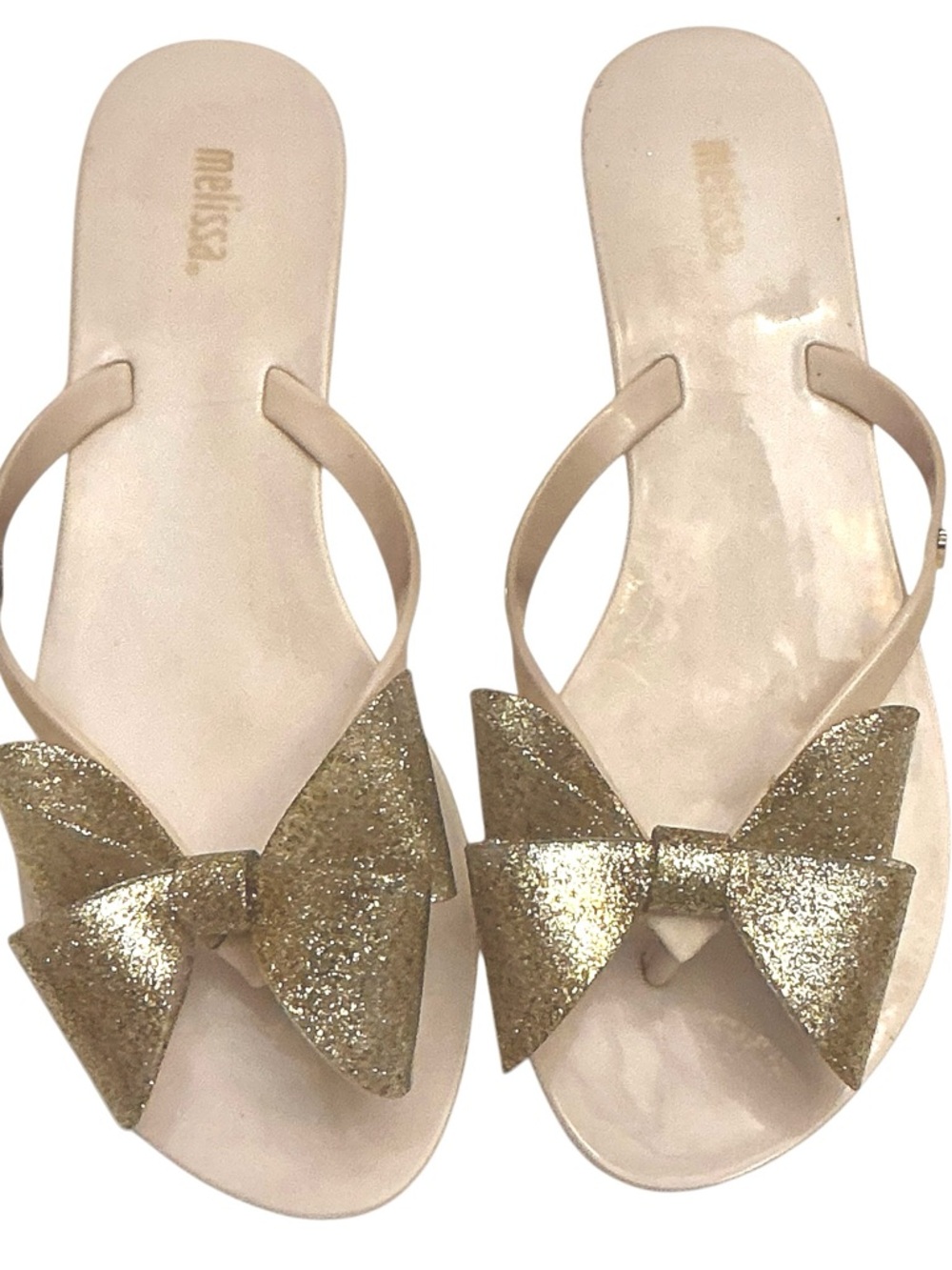 Melissa Harmonic Bow III PVC Gold Glitter Bow Flat Thong Flipflop Sandal Size: 8 - Picture 2 of 15